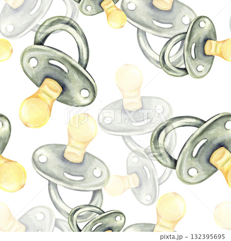 Seamless pattern with green pacifiers and yellow ribbons 132395695