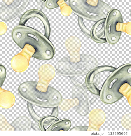 Seamless pattern with green pacifiers and yellow ribbons 132395695