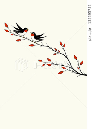 Stylized Birds on Branch with Red Leaves 132395732
