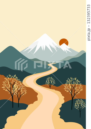 Minimalist Mountain Landscape with Winding Road 132395733