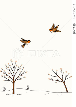 Winter Scene with Flying Birds 132395734