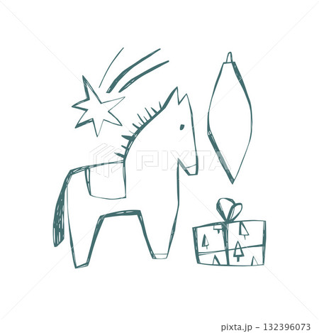 Scandi christmas horse with star ornament and gift in nordic folk minimal style for festive decor and holiday design 132396073