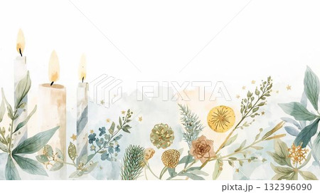 水彩画風のキャンドルと植物 132396090