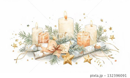 水彩画風のキャンドルと植物 132396091