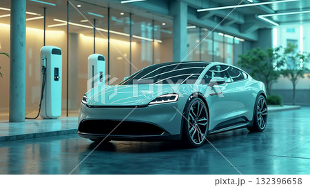 Modern charging station for electric vehicles, futuristic design Modern charging station for electric vehicles, futuristic design 132396658