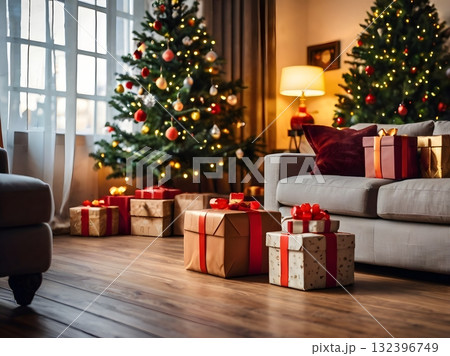 クリスマスの温もりあふれるリビングルームとプレゼントのある風景 132396749
