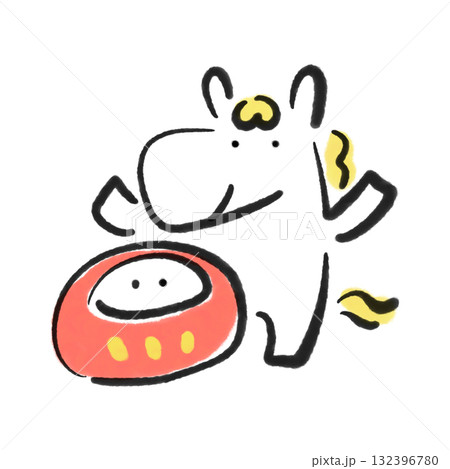 かわいい達磨と喜ぶ笑顔の白馬　正月素材　墨絵 132396780