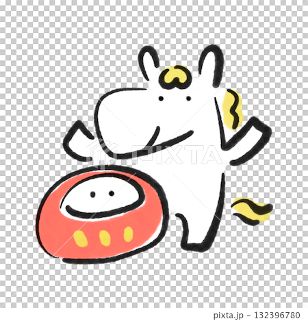 かわいい達磨と喜ぶ笑顔の白馬　正月素材　墨絵 132396780
