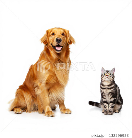 Fluffy golden retriever dog sitting next to gray tabby cat on clean white background. Fluffy golden retriever dog sitting next to gray tabby cat on clean white background. 132396928