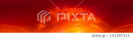 360 panorama of glowing sunset sky with bright pink Cirrus clouds. HDR 360 seamless spherical panorama. Full zenith or sky dome sky replacement for aerial drone panoramas. Climate and weather change. 132397331