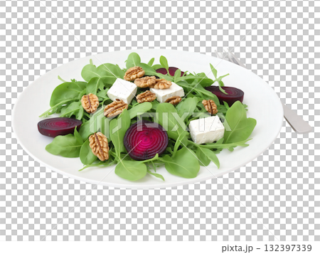 Beet and Arugula Salad A vibrant salad with roasted beets, peppery arugula, goat cheese, and walnuts, all dressed with 132397339