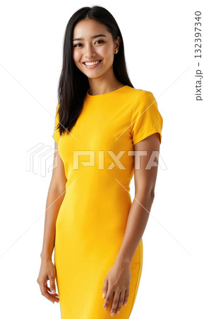 A visionary female leader in a bright yellow dress, illuminated by glowing data points and futuristic financial projections, symbolizing her 132397340