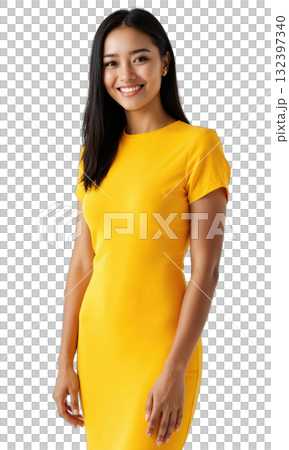 A visionary female leader in a bright yellow dress, illuminated by glowing data points and futuristic financial projections, symbolizing her 132397340