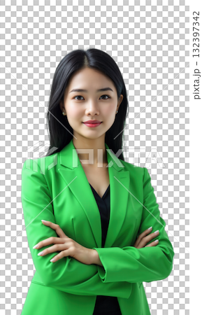 A focused female executive in a bright green jacket, standing in front of abstract financial data, symbolizing her innovation 132397342