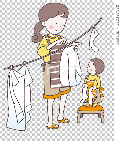 洗濯物を干すママとお手伝いする子供のイラスト 132397520