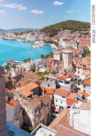 Split cityscape overlooking Adriatic Sea and harbor 132397690