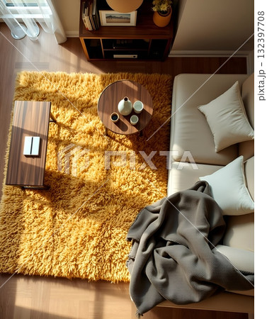 Cozy Living Room Interior with Warm Tones and Soft Textures 132397708