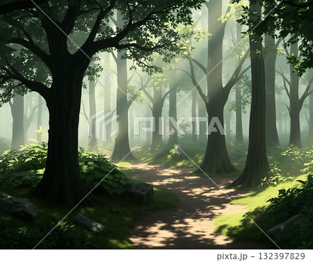 Ethereal Forest Path: Sunlight Through Trees in a Serene Landscape Ethereal Forest Path: Sunlight Through Trees in a Serene Landscape 132397829