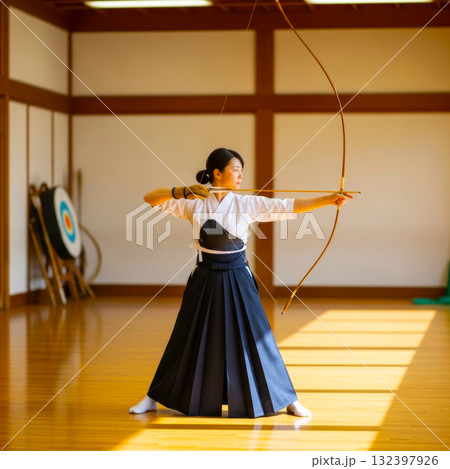 弓道の練習している女性 132397926