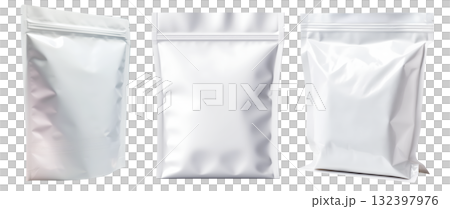 Collection set of front side view blank sealed foil doypack stand-up pouch on transparent background cutout, PNG file. Mockup template artwork graphic design Collection set of front side view blank sealed foil doypack stand-up pouch on transparent background cutout, PNG file. Mockup template artwork graphic design 132397976