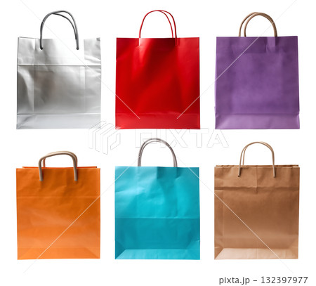 Collection set of colour eco friendly recyclable front view blank shopping paper bag on transparent background cutout, PNG file. Mockup template artwork graphic design. brown silver orange purple red 132397977