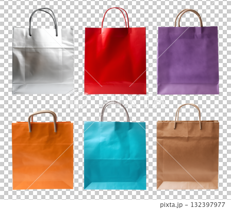 Collection set of colour eco friendly recyclable front view blank shopping paper bag on transparent background cutout, PNG file. Mockup template artwork graphic design. brown silver orange purple red 132397977