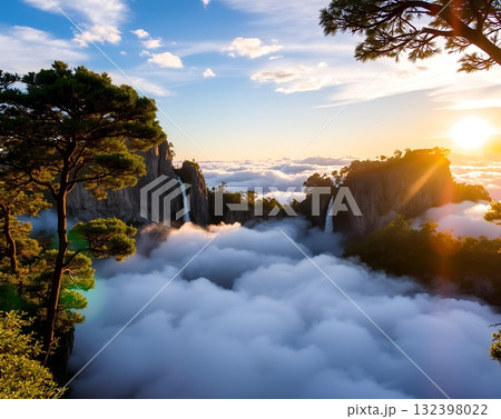 Majestic Mountainscape Amidst Ethereal Cloud Cover Sunrise 132398022