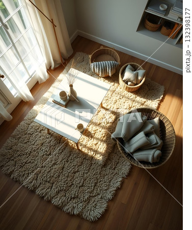 Cozy Reading Nook: Sunlight, Wicker, and Warmth in a Serene Space 132398177