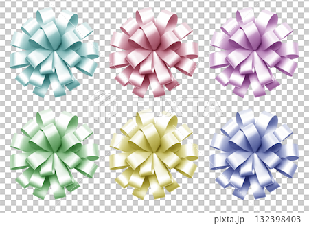 Set of pastel colourful pink yellow blue green violet flower gift ribbon bow on transparent background cutout, PNG file. Many assorted different colours. 3D Mockup template for artwork graphic design 132398403