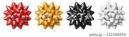 Set of black, red gold yellow, white star flower gift ribbon bow on transparent background cutout, PNG file. Many assorted different colours. 3D Mockup template for artwork graphic 132398434