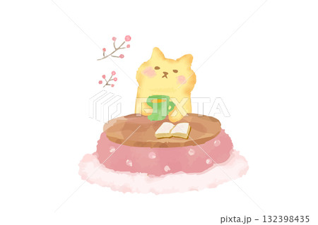 冬 こたつで温まるかわいい猫 水彩イラスト素材 冬 こたつで温まるかわいい猫 水彩イラスト素材 132398435