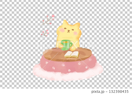 冬日：一隻可愛的貓咪在暖桌裡取暖。水彩插畫。 132398435