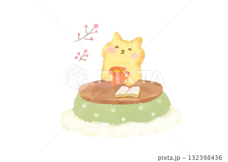 冬　こたつで温まるかわいい猫　水彩イラスト素材 132398436