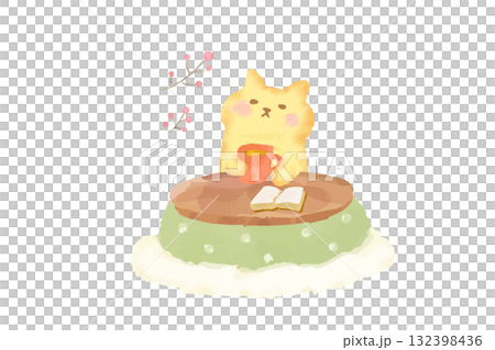 冬　こたつで温まるかわいい猫　水彩イラスト素材 132398436
