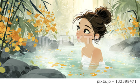 美優シリーズ:秋の露天風呂でリラックスする若い女性 美優シリーズ:秋の露天風呂でリラックスする若い女性 132398471
