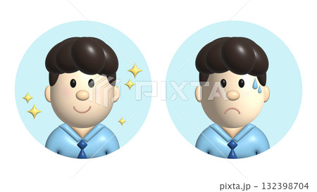 3D風男性ビジネスマンの顔セット 課題と解決 ビフォーアフター 3D風男性ビジネスマンの顔セット 課題と解決 ビフォーアフター 132398704