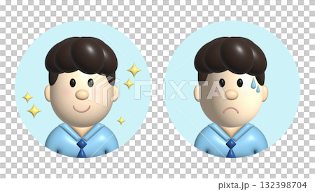 3D風男性ビジネスマンの顔セット 課題と解決 ビフォーアフター 3D風男性ビジネスマンの顔セット 課題と解決 ビフォーアフター 132398704