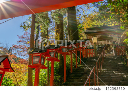 京都府の朝日に輝く貴船神社の参道と楼門 京都府の朝日に輝く貴船神社の参道と楼門 132398830