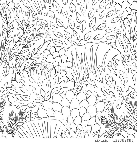 Doodle hand drawn forest in linear style. Black and white. Seamless floral pattern. Vector illustration. 132398899