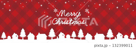 クリスマス　バナー　街並みのシルエット　赤のチェック柄　フレーム　背景　イラスト素材 132399011