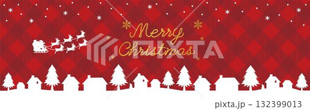 クリスマス　バナー　サンタとトナカイのシルエット　赤のチェック柄　フレーム　背景　イラスト素材 132399013