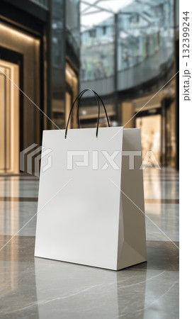 Shopping bag paper white retail mall modern empty handle glossy reflection. Minimalist shopping bag with black handle stands shiny floor bright Shopping bag paper white retail mall modern empty handle glossy reflection. Minimalist shopping bag with black handle stands shiny floor bright 132399244