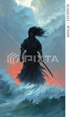 Dark samurai with glowing red eyes stands in stormy ocean waves, dramatic sky and fiery background create intense, mysterious atmosphere Dark samurai with glowing red eyes stands in stormy ocean waves, dramatic sky and fiery background create intense, mysterious atmosphere 132399530