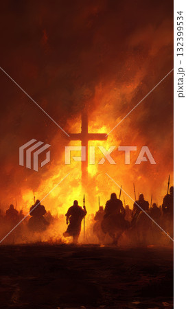 Silhouetted medieval warriors march toward burning cross in dramatic fiery battlefield, evoking intense emotion and historical conflict Silhouetted medieval warriors march toward burning cross in dramatic fiery battlefield, evoking intense emotion and historical conflict 132399534