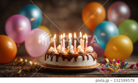 Birthday cake with lit candles, colorful balloons, confetti, and festive decorations create joyful celebration atmosphere Birthday cake with lit candles, colorful balloons, confetti, and festive decorations create joyful celebration atmosphere 132399579