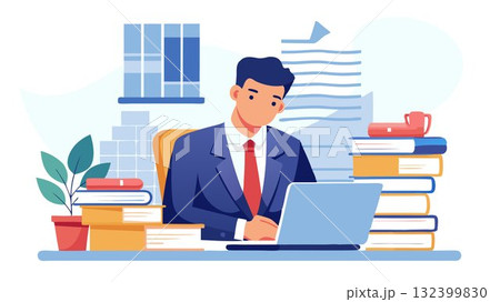 A businessman sits at his desk, meticulously reviewing a stack of important documents. 132399830