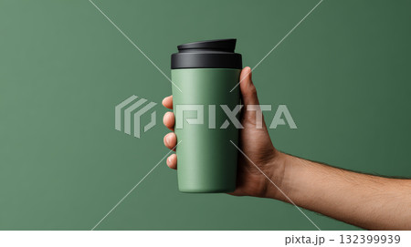 Reusable travel mug green color insulated eco friendly held by hand minimalist style sustainable modern isolated background Reusable travel mug green color insulated eco friendly held by hand minimalist style sustainable modern isolated background 132399939