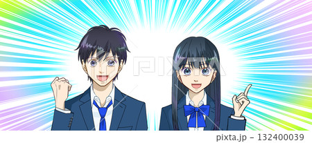 高校生または中学生の男女のアニメ風イラスト、かわいい色味の集中線コミック風背景 132400039