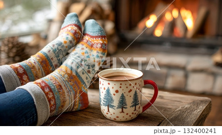 暖炉の前で温かい飲み物とリラックスタイム 132400241