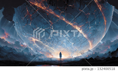 Warning alert symbol on smartphone screen, hand holding mobile device, digital danger notification, cybersecurity threat 132400518